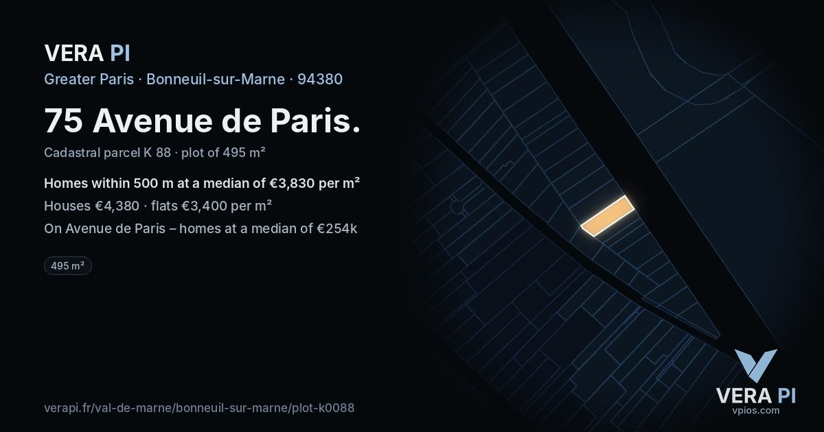 75 Avenue de Paris, Bonneuil-sur-Marne at night – the plot lit, the parcels around coloured by the prices near them