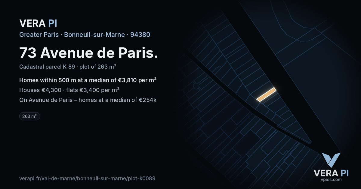 73 Avenue de Paris, Bonneuil-sur-Marne at night – the plot lit, the parcels around coloured by the prices near them