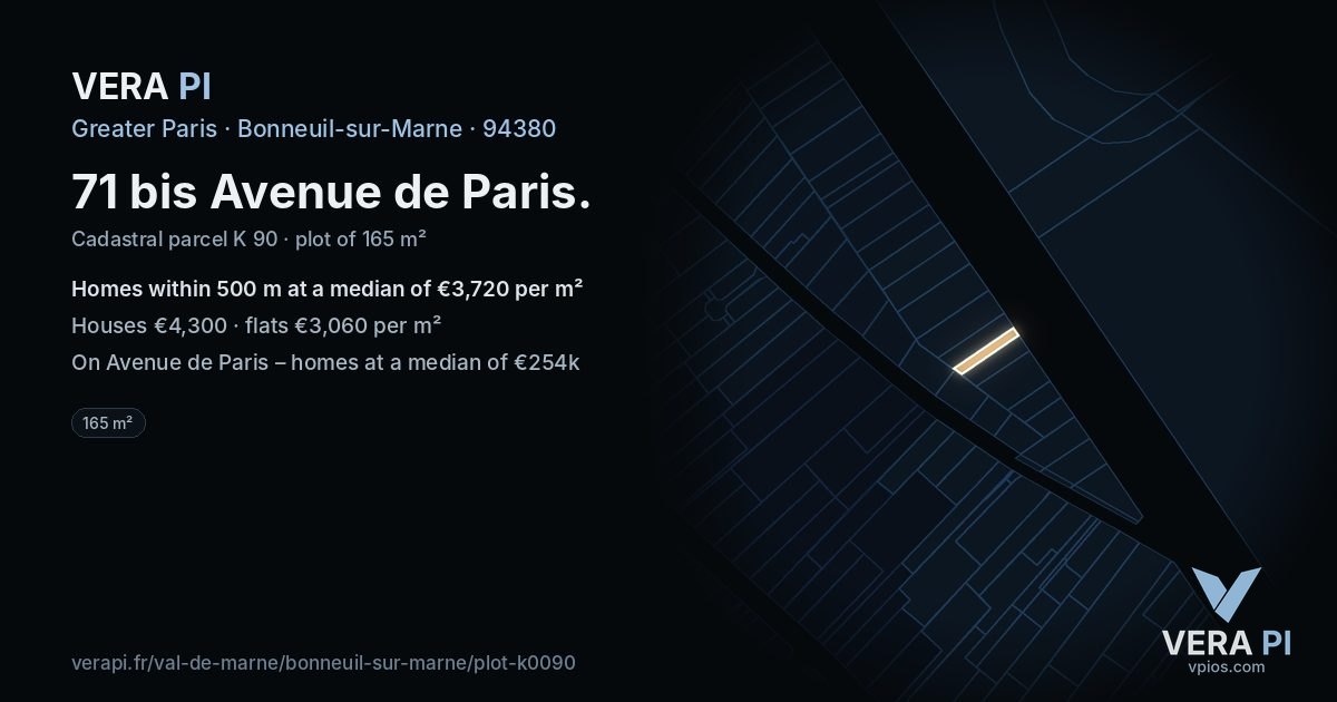 71 bis Avenue de Paris, Bonneuil-sur-Marne at night – the plot lit, the parcels around coloured by the prices near them