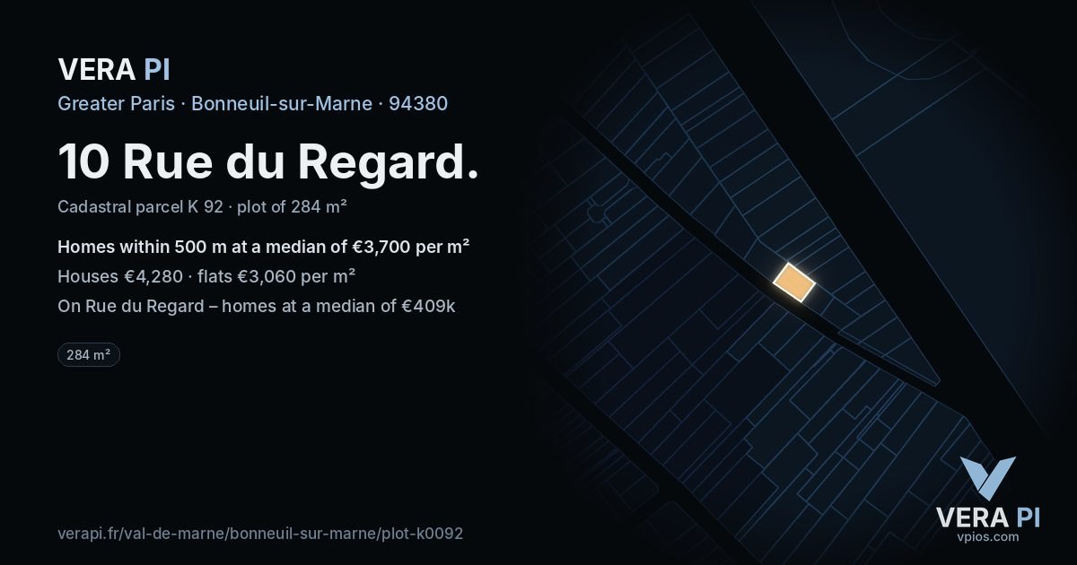 10 Rue du Regard, Bonneuil-sur-Marne at night – the plot lit, the parcels around coloured by the prices near them
