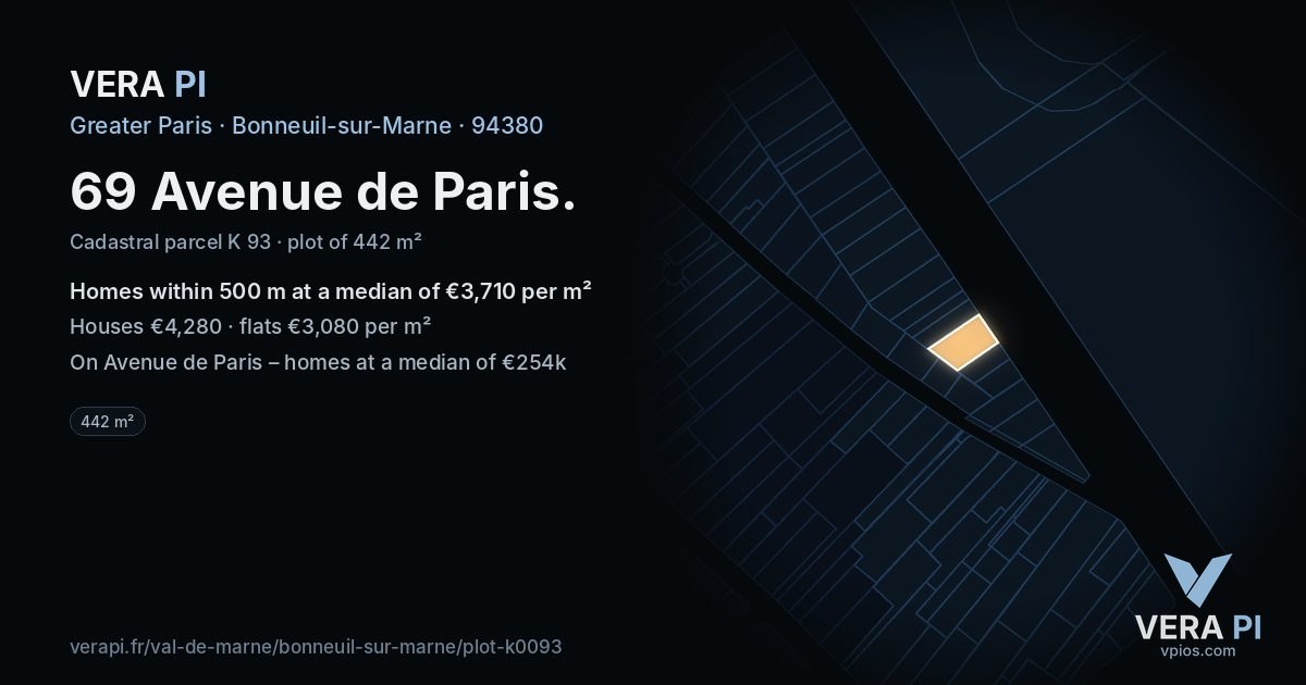 69 Avenue de Paris, Bonneuil-sur-Marne at night – the plot lit, the parcels around coloured by the prices near them
