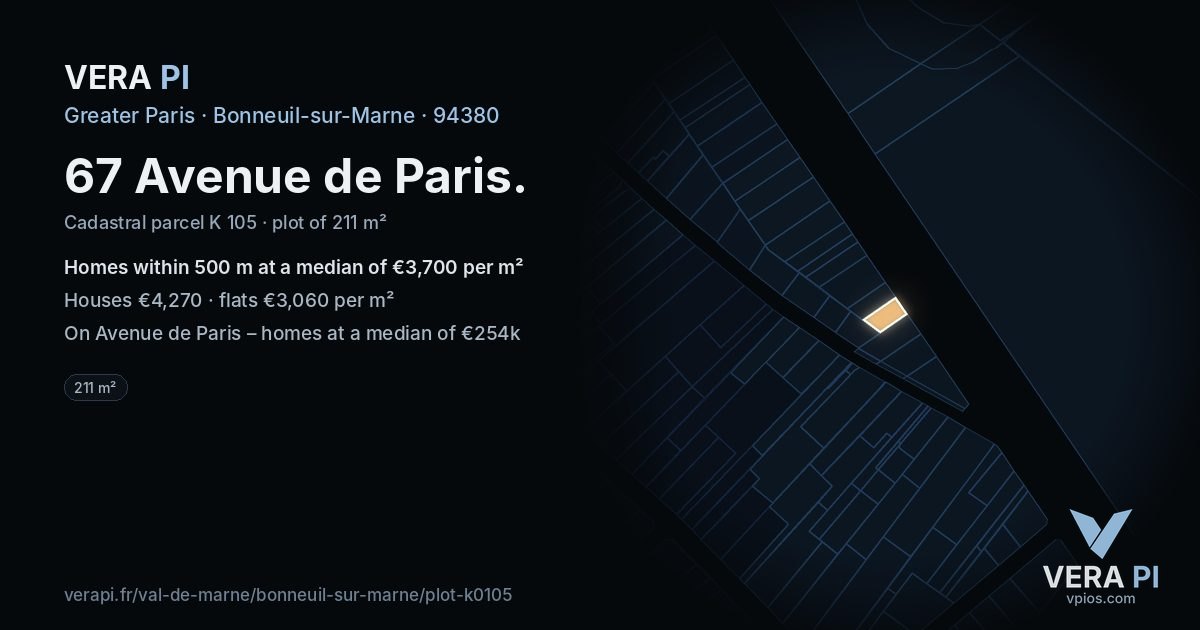 67 Avenue de Paris, Bonneuil-sur-Marne at night – the plot lit, the parcels around coloured by the prices near them