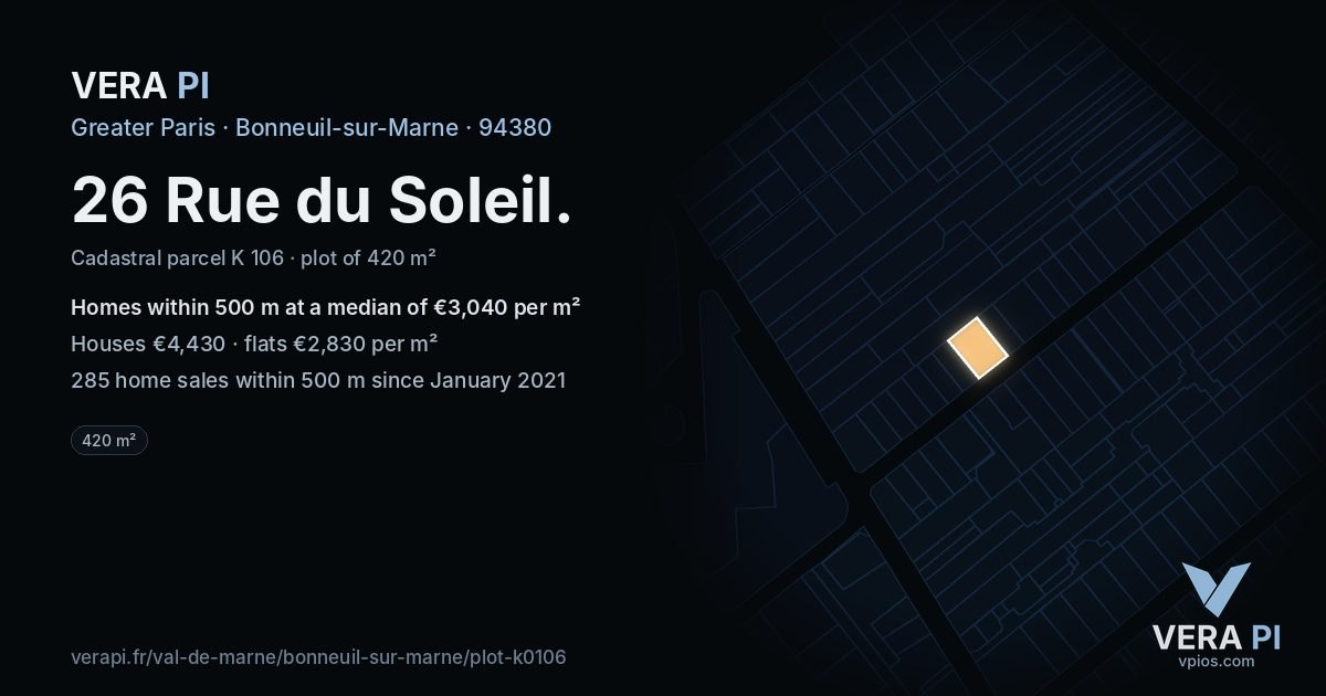26 Rue du Soleil, Bonneuil-sur-Marne at night – the plot lit, the parcels around coloured by the prices near them