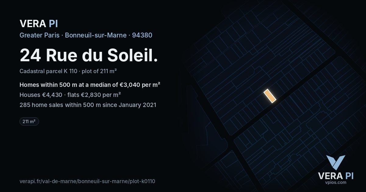 24 Rue du Soleil, Bonneuil-sur-Marne at night – the plot lit, the parcels around coloured by the prices near them