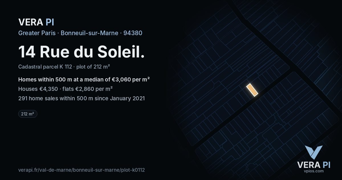 14 Rue du Soleil, Bonneuil-sur-Marne at night – the plot lit, the parcels around coloured by the prices near them