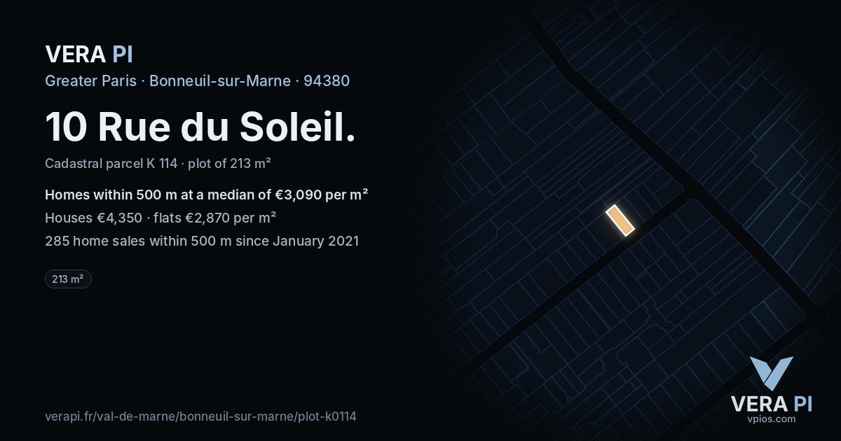 10 Rue du Soleil, Bonneuil-sur-Marne at night – the plot lit, the parcels around coloured by the prices near them