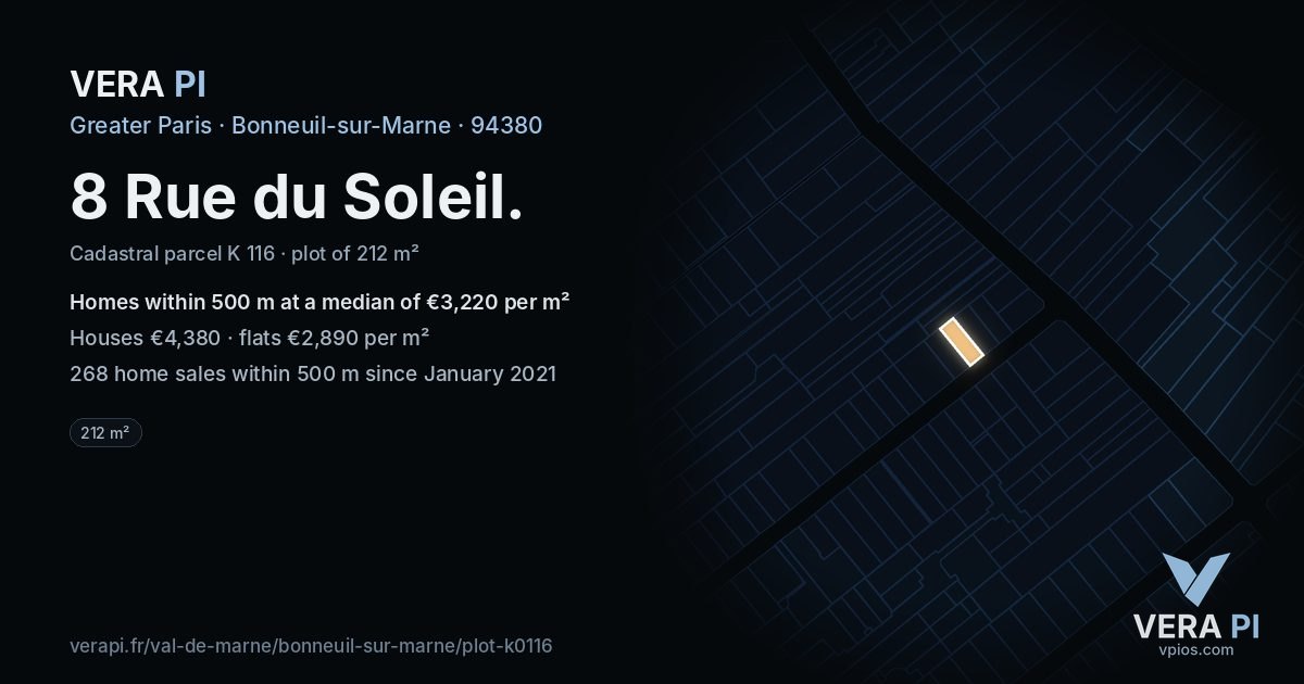 8 Rue du Soleil, Bonneuil-sur-Marne at night – the plot lit, the parcels around coloured by the prices near them