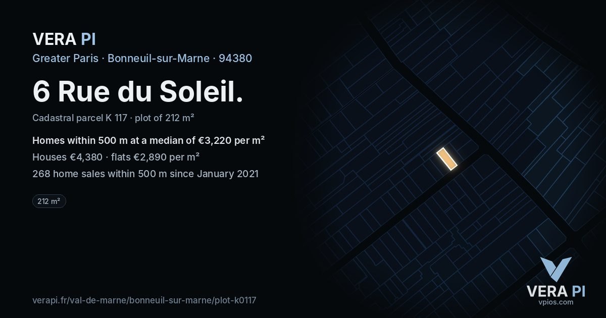 6 Rue du Soleil, Bonneuil-sur-Marne at night – the plot lit, the parcels around coloured by the prices near them