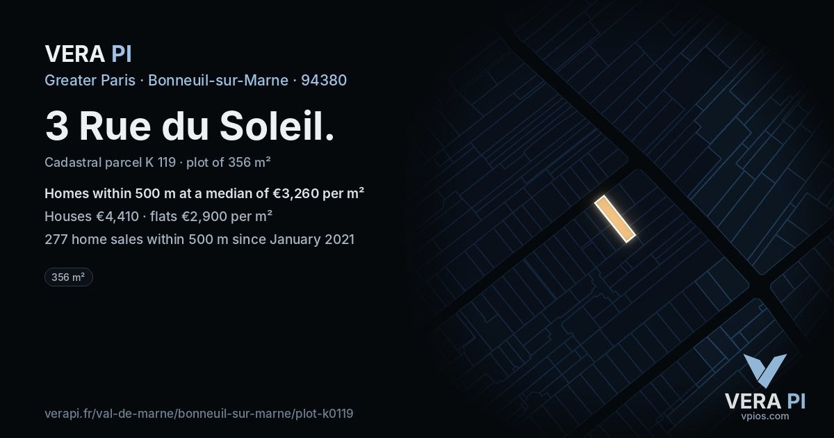 3 Rue du Soleil, Bonneuil-sur-Marne at night – the plot lit, the parcels around coloured by the prices near them