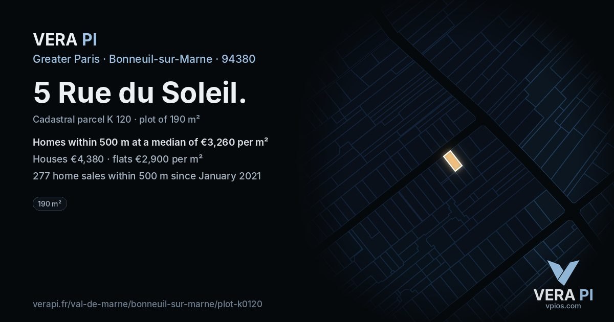 5 Rue du Soleil, Bonneuil-sur-Marne at night – the plot lit, the parcels around coloured by the prices near them