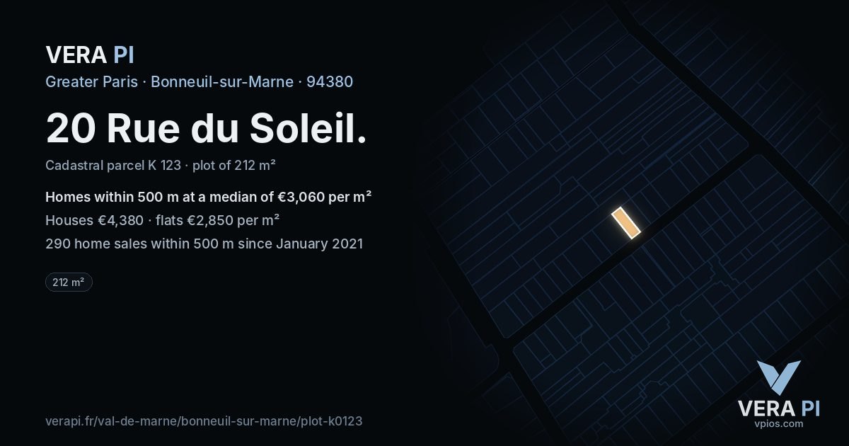 20 Rue du Soleil, Bonneuil-sur-Marne at night – the plot lit, the parcels around coloured by the prices near them