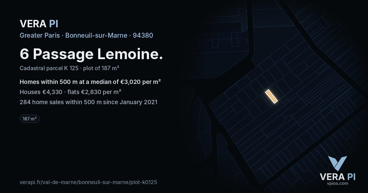 6 Passage Lemoine, Bonneuil-sur-Marne at night – the plot lit, the parcels around coloured by the prices near them