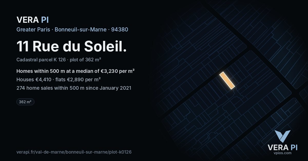 11 Rue du Soleil, Bonneuil-sur-Marne at night – the plot lit, the parcels around coloured by the prices near them