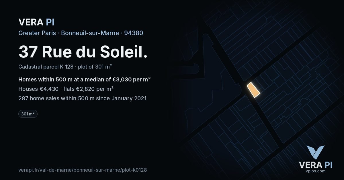 37 Rue du Soleil, Bonneuil-sur-Marne at night – the plot lit, the parcels around coloured by the prices near them