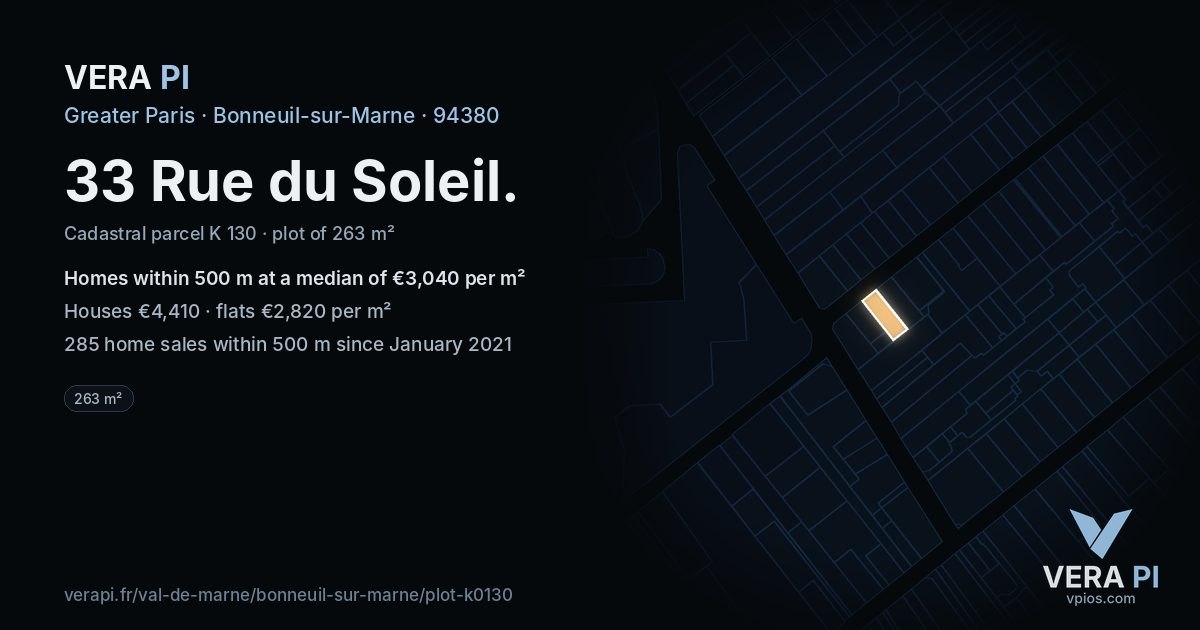 33 Rue du Soleil, Bonneuil-sur-Marne at night – the plot lit, the parcels around coloured by the prices near them