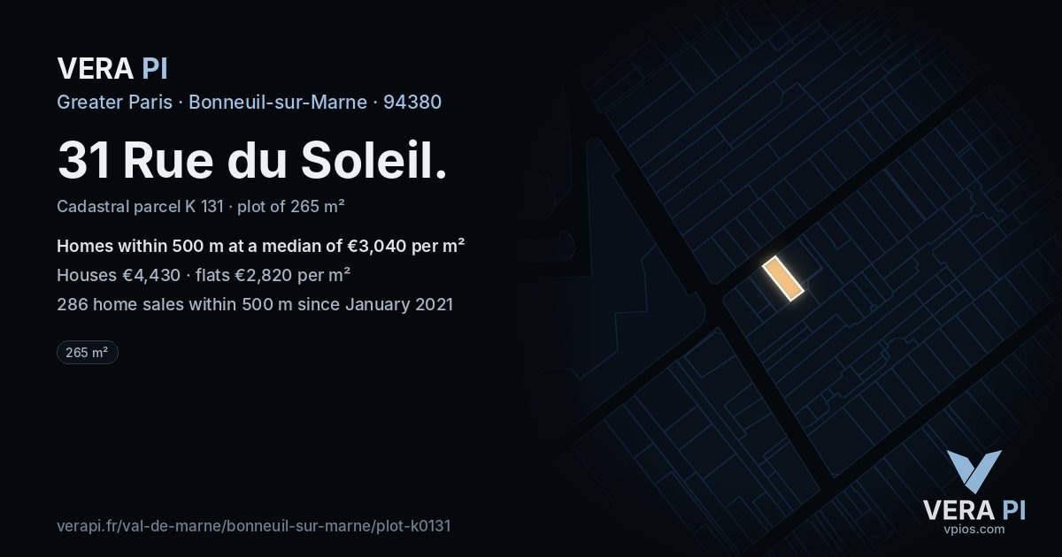 31 Rue du Soleil, Bonneuil-sur-Marne at night – the plot lit, the parcels around coloured by the prices near them
