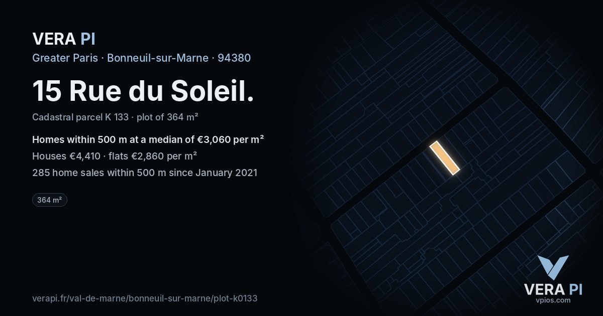 15 Rue du Soleil, Bonneuil-sur-Marne at night – the plot lit, the parcels around coloured by the prices near them