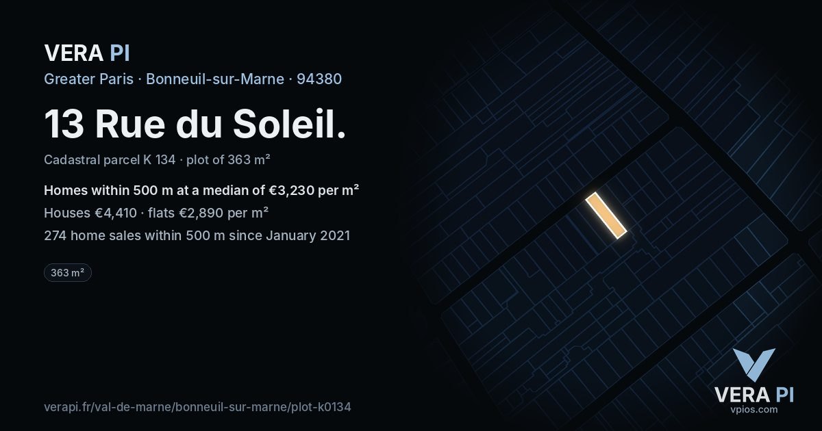 13 Rue du Soleil, Bonneuil-sur-Marne at night – the plot lit, the parcels around coloured by the prices near them