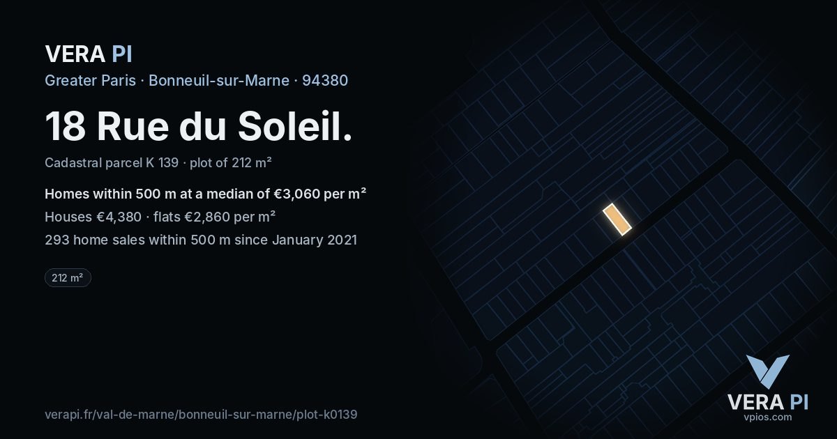 18 Rue du Soleil, Bonneuil-sur-Marne at night – the plot lit, the parcels around coloured by the prices near them
