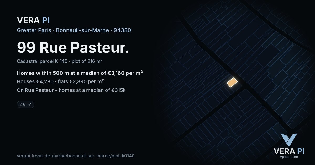 99 Rue Pasteur, Bonneuil-sur-Marne at night – the plot lit, the parcels around coloured by the prices near them