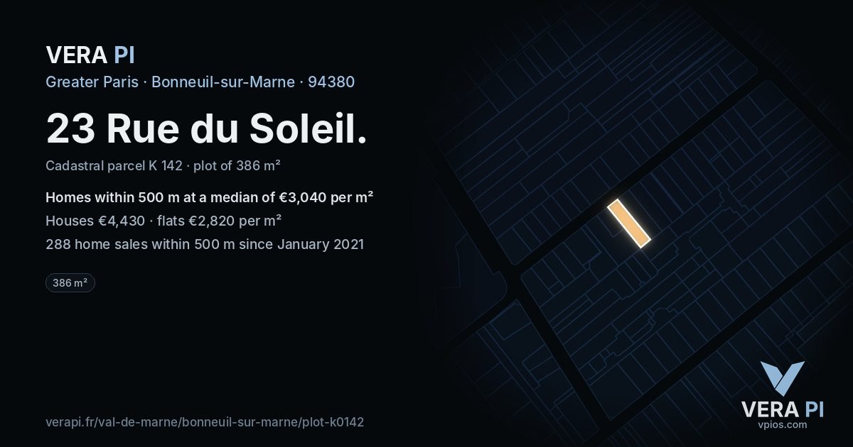 23 Rue du Soleil, Bonneuil-sur-Marne at night – the plot lit, the parcels around coloured by the prices near them