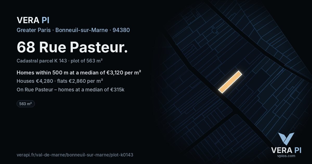 68 Rue Pasteur, Bonneuil-sur-Marne at night – the plot lit, the parcels around coloured by the prices near them