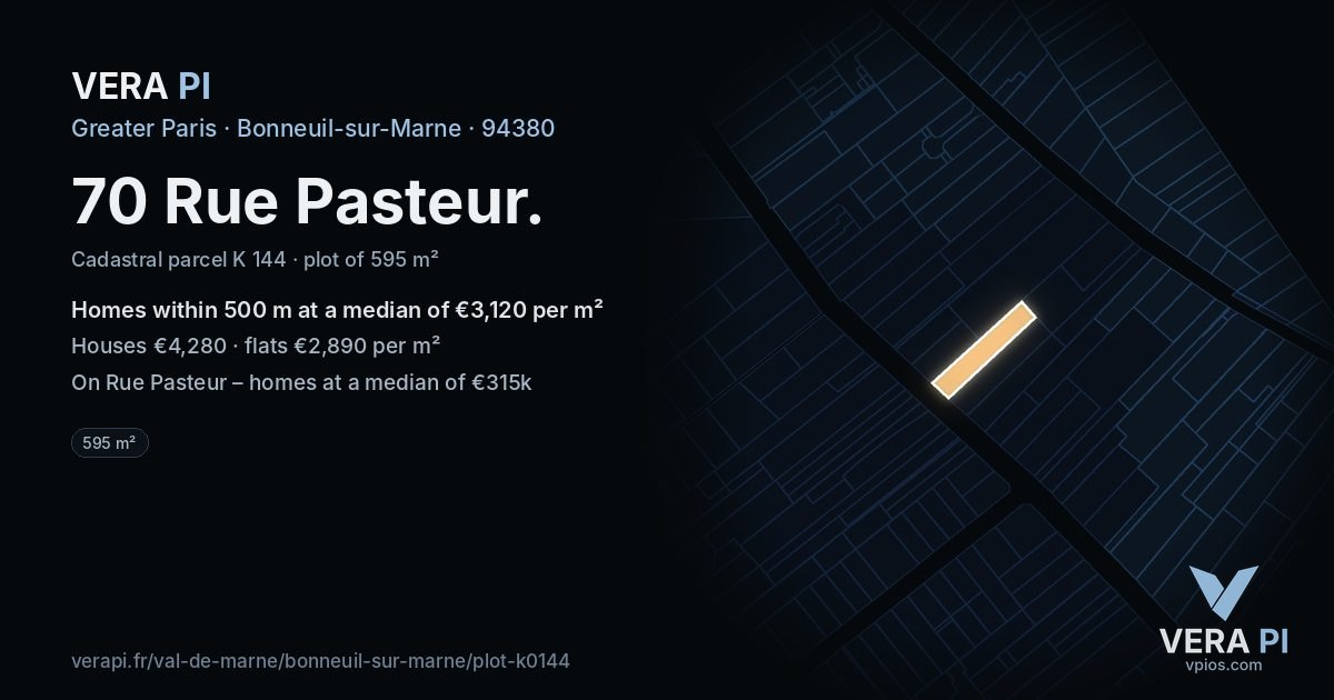 70 Rue Pasteur, Bonneuil-sur-Marne at night – the plot lit, the parcels around coloured by the prices near them