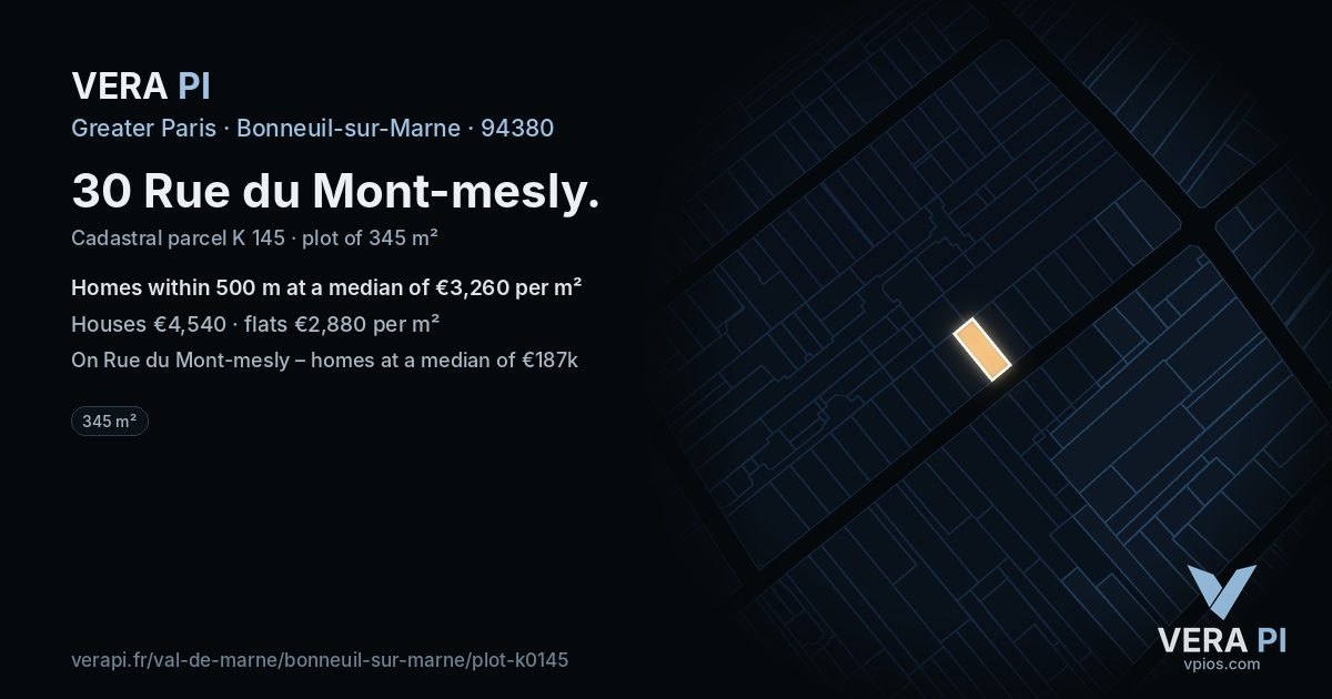 30 Rue du Mont-mesly, Bonneuil-sur-Marne at night – the plot lit, the parcels around coloured by the prices near them