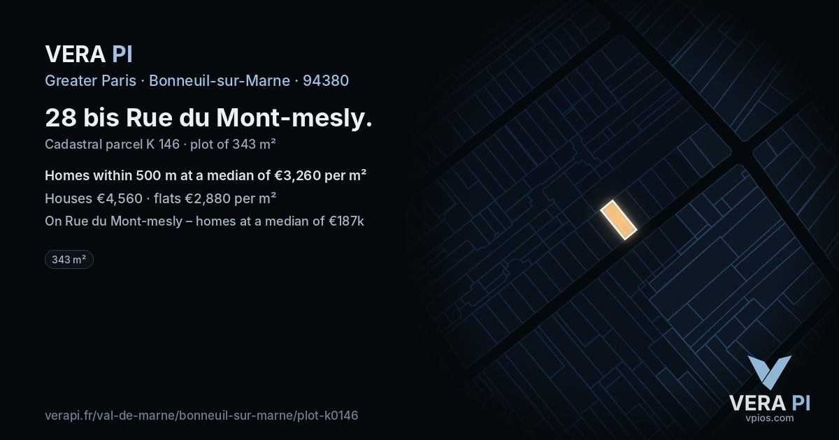 28 bis Rue du Mont-mesly, Bonneuil-sur-Marne at night – the plot lit, the parcels around coloured by the prices near them