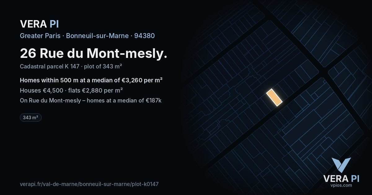 26 Rue du Mont-mesly, Bonneuil-sur-Marne at night – the plot lit, the parcels around coloured by the prices near them