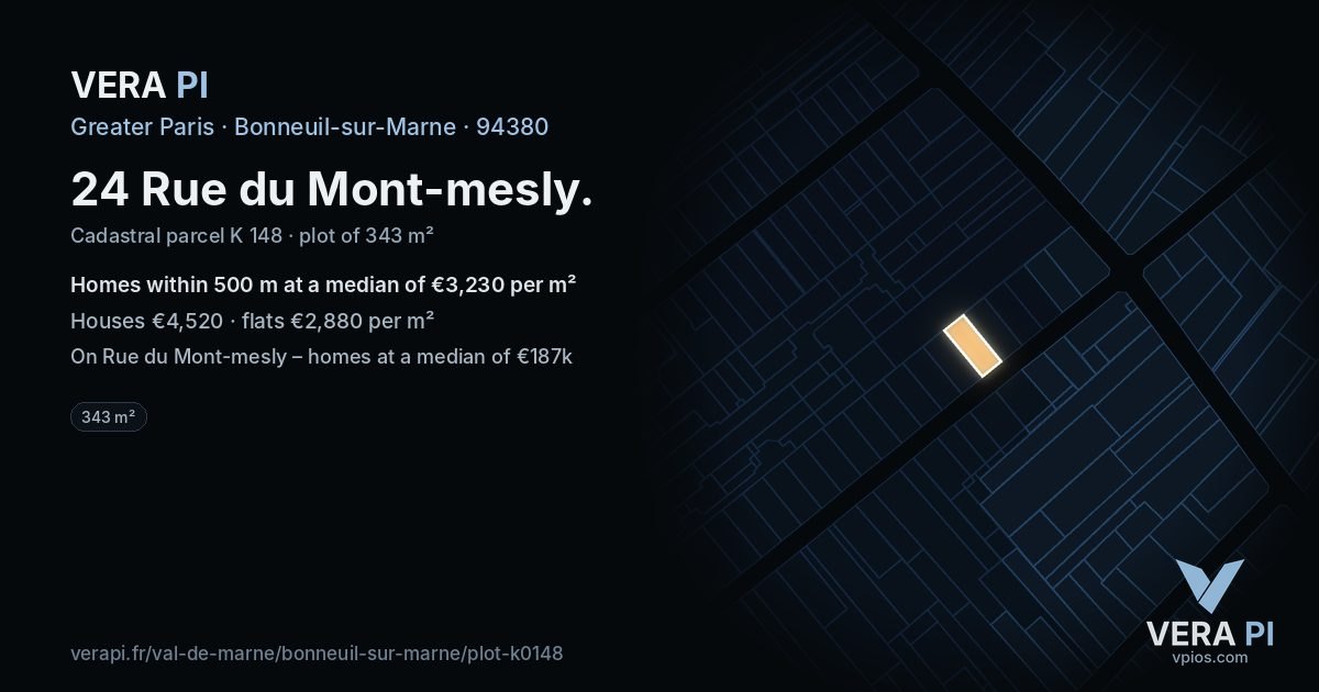 24 Rue du Mont-mesly, Bonneuil-sur-Marne at night – the plot lit, the parcels around coloured by the prices near them