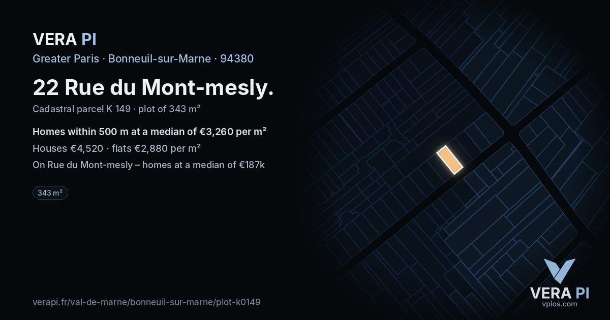 22 Rue du Mont-mesly, Bonneuil-sur-Marne at night – the plot lit, the parcels around coloured by the prices near them