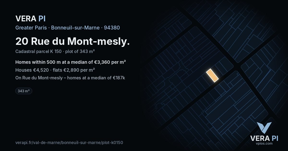 20 Rue du Mont-mesly, Bonneuil-sur-Marne at night – the plot lit, the parcels around coloured by the prices near them