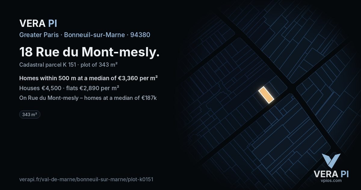 18 Rue du Mont-mesly, Bonneuil-sur-Marne at night – the plot lit, the parcels around coloured by the prices near them