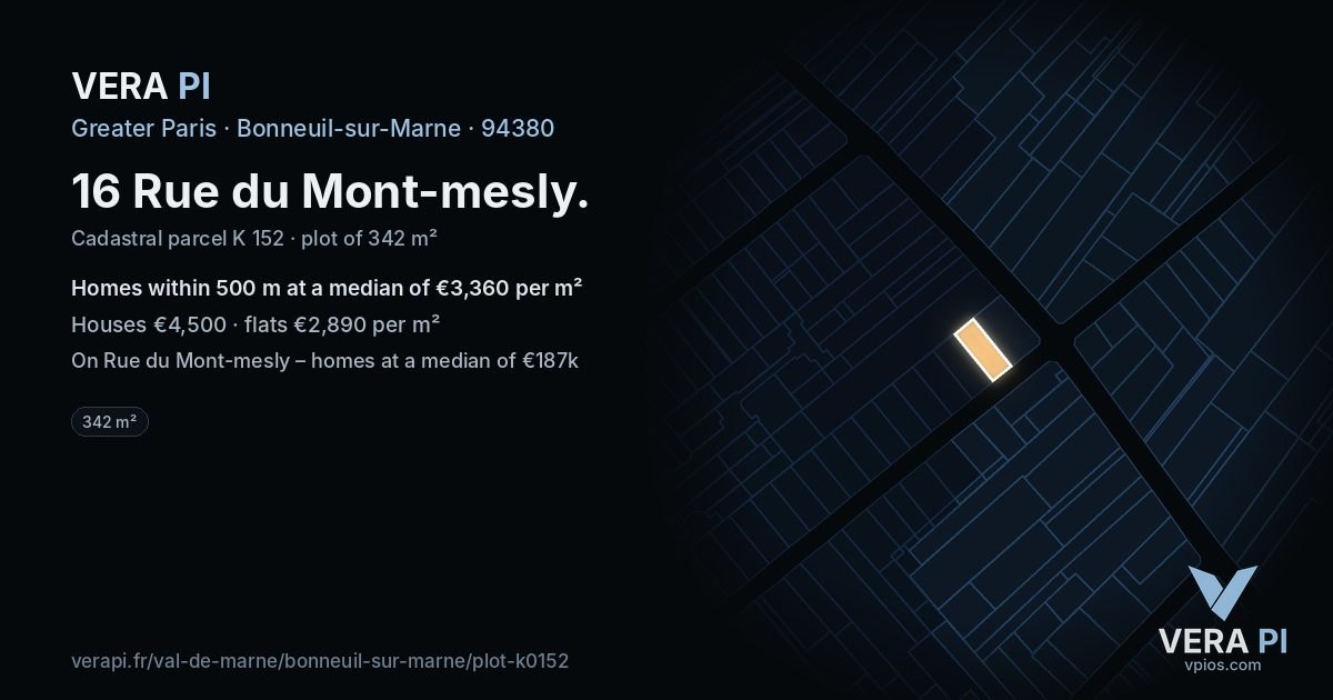 16 Rue du Mont-mesly, Bonneuil-sur-Marne at night – the plot lit, the parcels around coloured by the prices near them