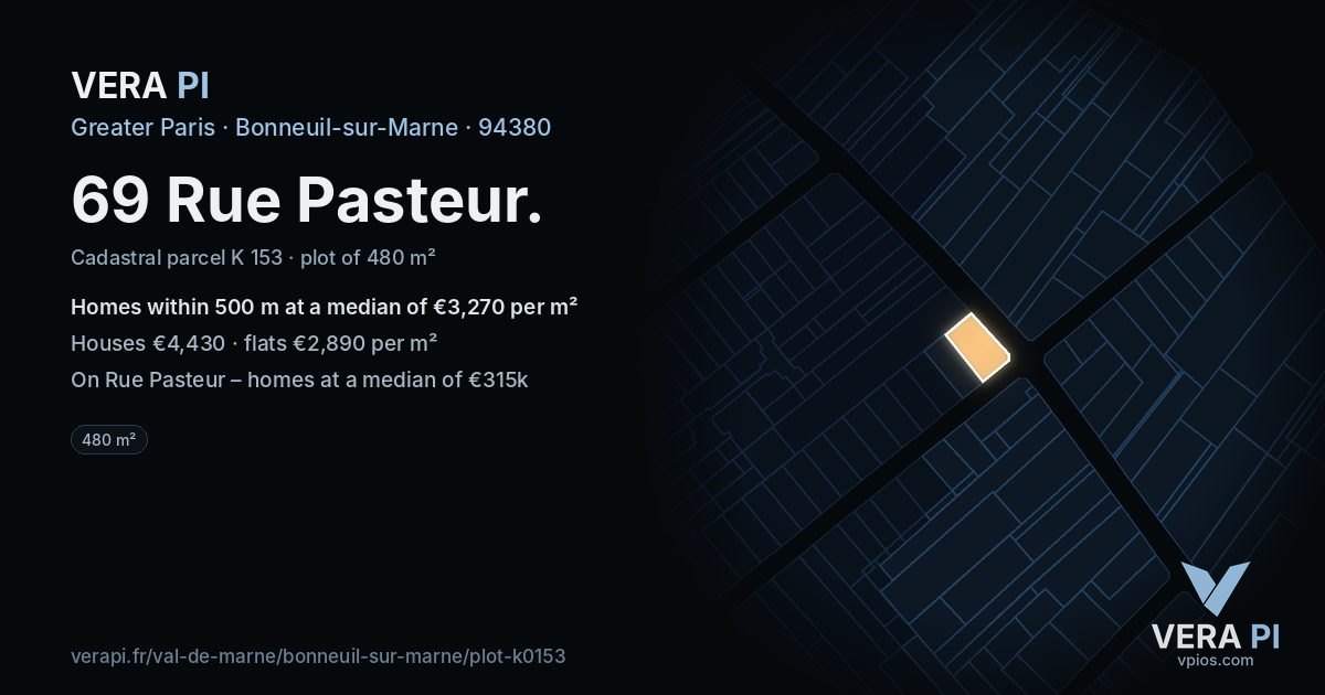 69 Rue Pasteur, Bonneuil-sur-Marne at night – the plot lit, the parcels around coloured by the prices near them