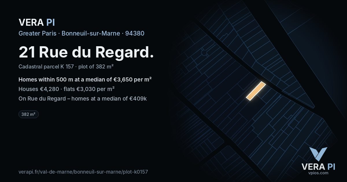 21 Rue du Regard, Bonneuil-sur-Marne at night – the plot lit, the parcels around coloured by the prices near them
