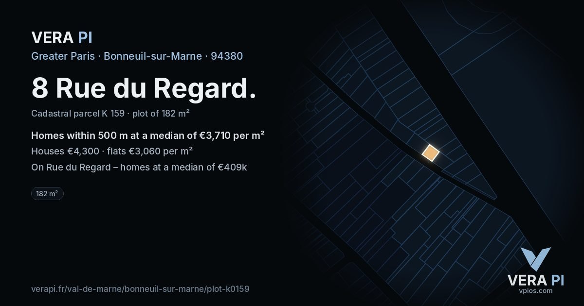 8 Rue du Regard, Bonneuil-sur-Marne at night – the plot lit, the parcels around coloured by the prices near them