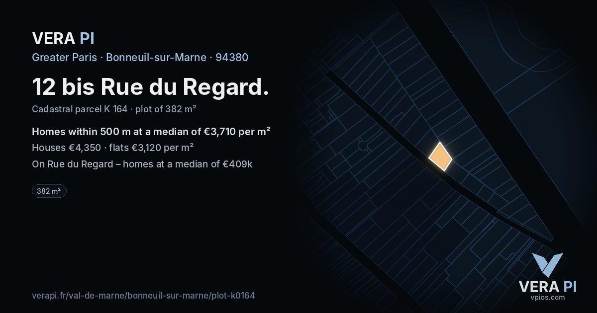 12 bis Rue du Regard, Bonneuil-sur-Marne at night – the plot lit, the parcels around coloured by the prices near them