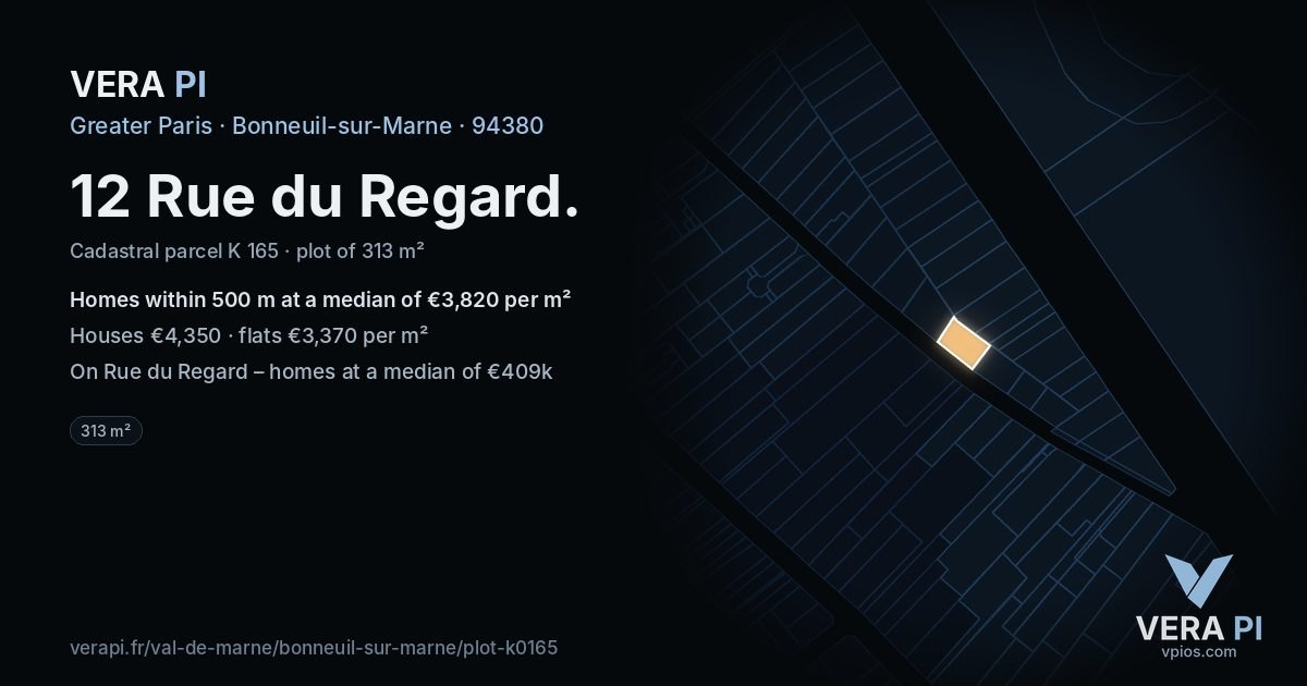 12 Rue du Regard, Bonneuil-sur-Marne at night – the plot lit, the parcels around coloured by the prices near them