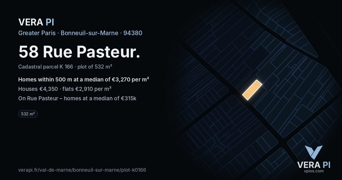 58 Rue Pasteur, Bonneuil-sur-Marne at night – the plot lit, the parcels around coloured by the prices near them