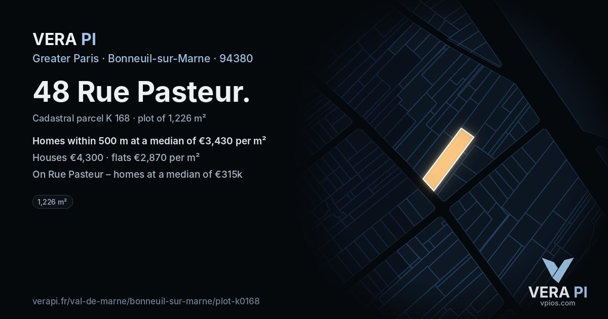 48 Rue Pasteur, Bonneuil-sur-Marne at night – the plot lit, the parcels around coloured by the prices near them