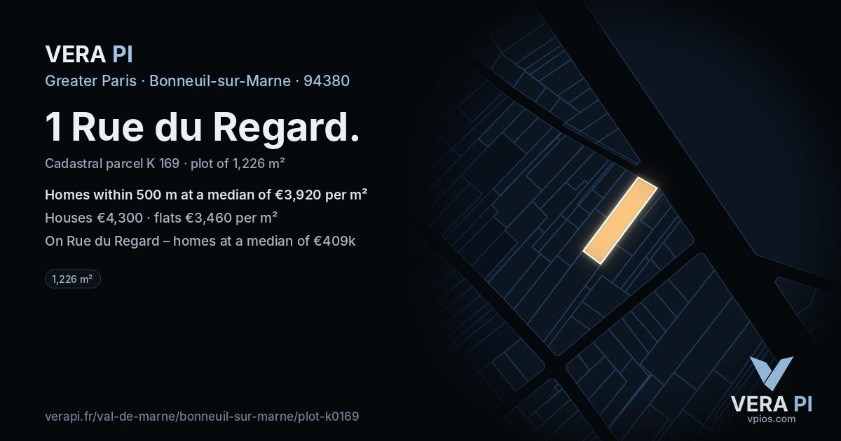 1 Rue du Regard, Bonneuil-sur-Marne at night – the plot lit, the parcels around coloured by the prices near them