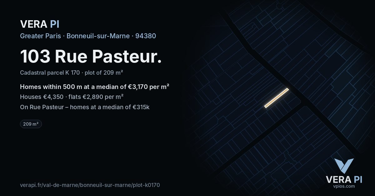 103 Rue Pasteur, Bonneuil-sur-Marne at night – the plot lit, the parcels around coloured by the prices near them