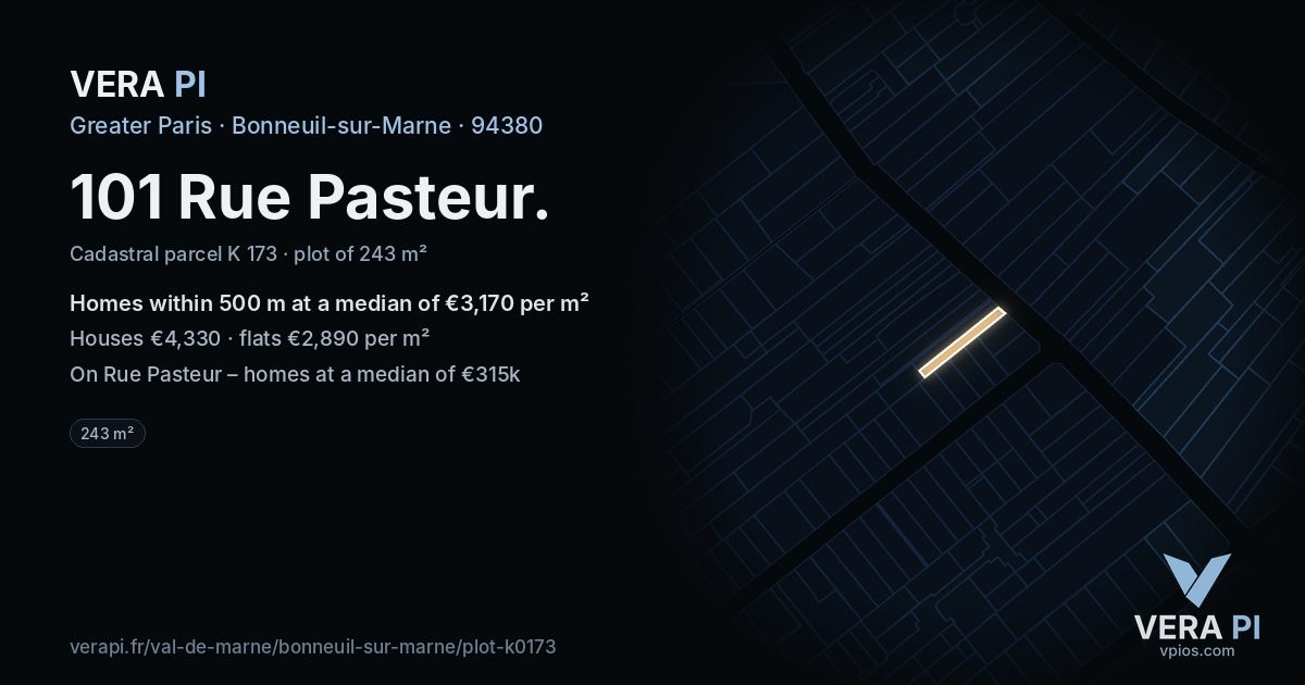 101 Rue Pasteur, Bonneuil-sur-Marne at night – the plot lit, the parcels around coloured by the prices near them
