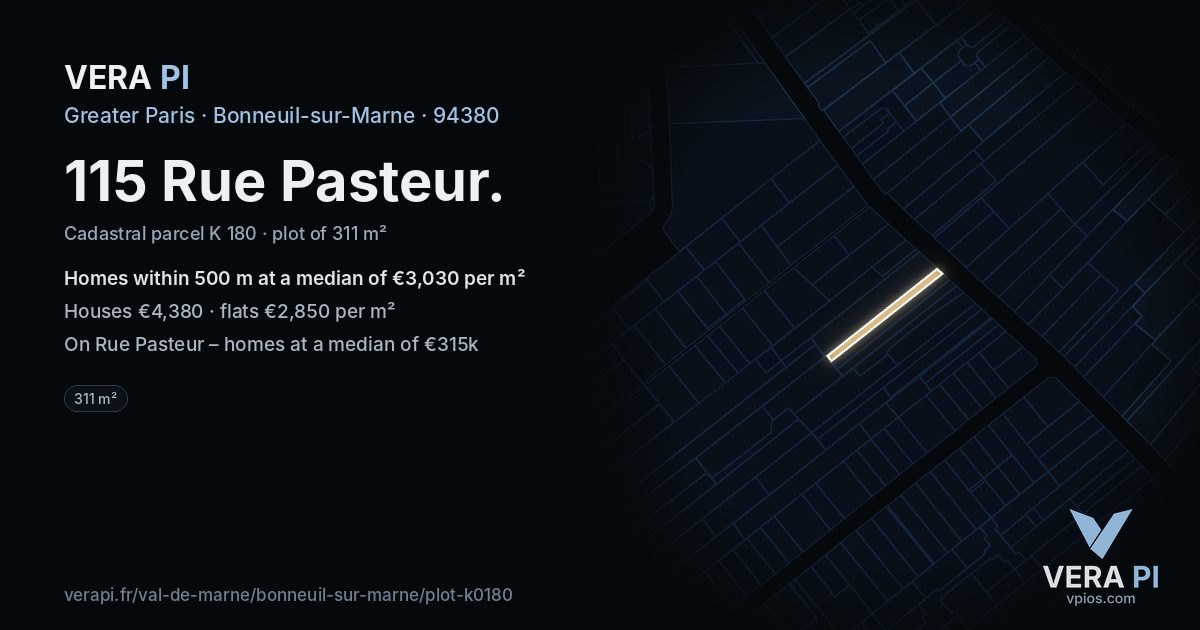 115 Rue Pasteur, Bonneuil-sur-Marne at night – the plot lit, the parcels around coloured by the prices near them