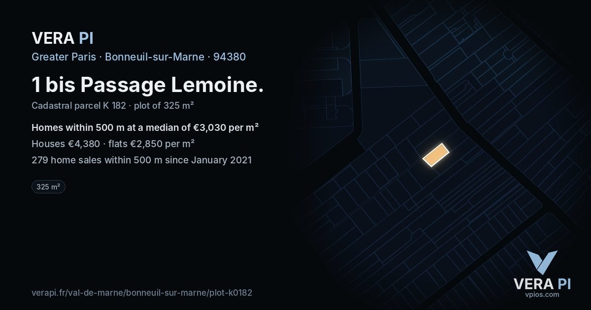1 bis Passage Lemoine, Bonneuil-sur-Marne at night – the plot lit, the parcels around coloured by the prices near them