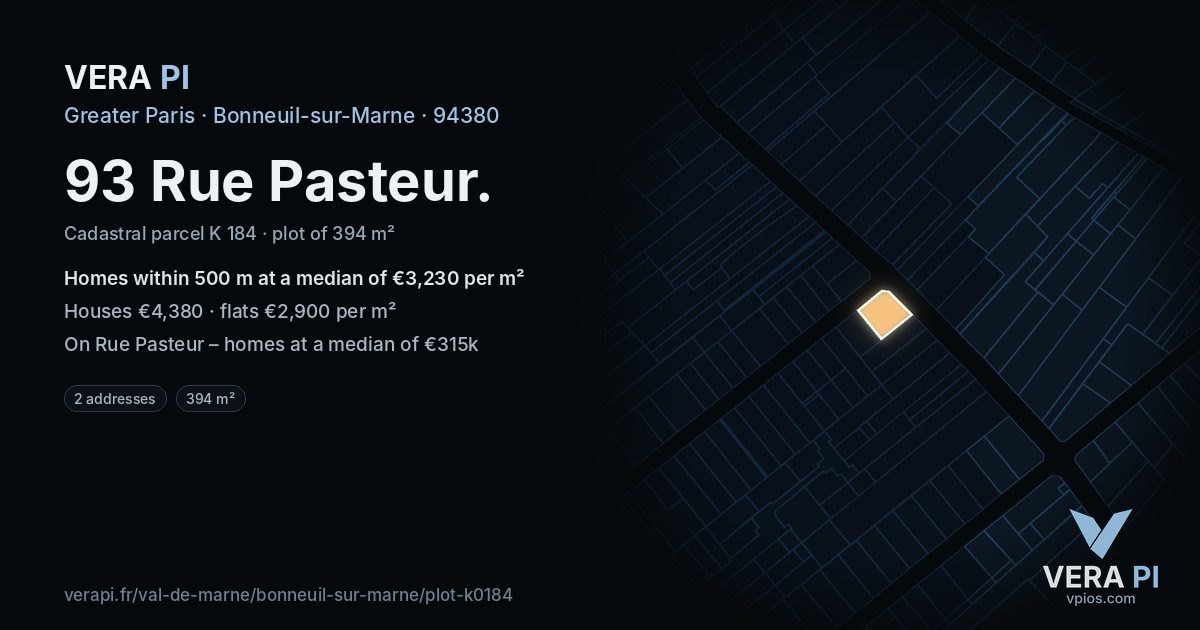 93 Rue Pasteur, Bonneuil-sur-Marne at night – the plot lit, the parcels around coloured by the prices near them