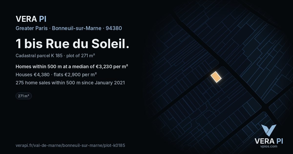 1 bis Rue du Soleil, Bonneuil-sur-Marne at night – the plot lit, the parcels around coloured by the prices near them