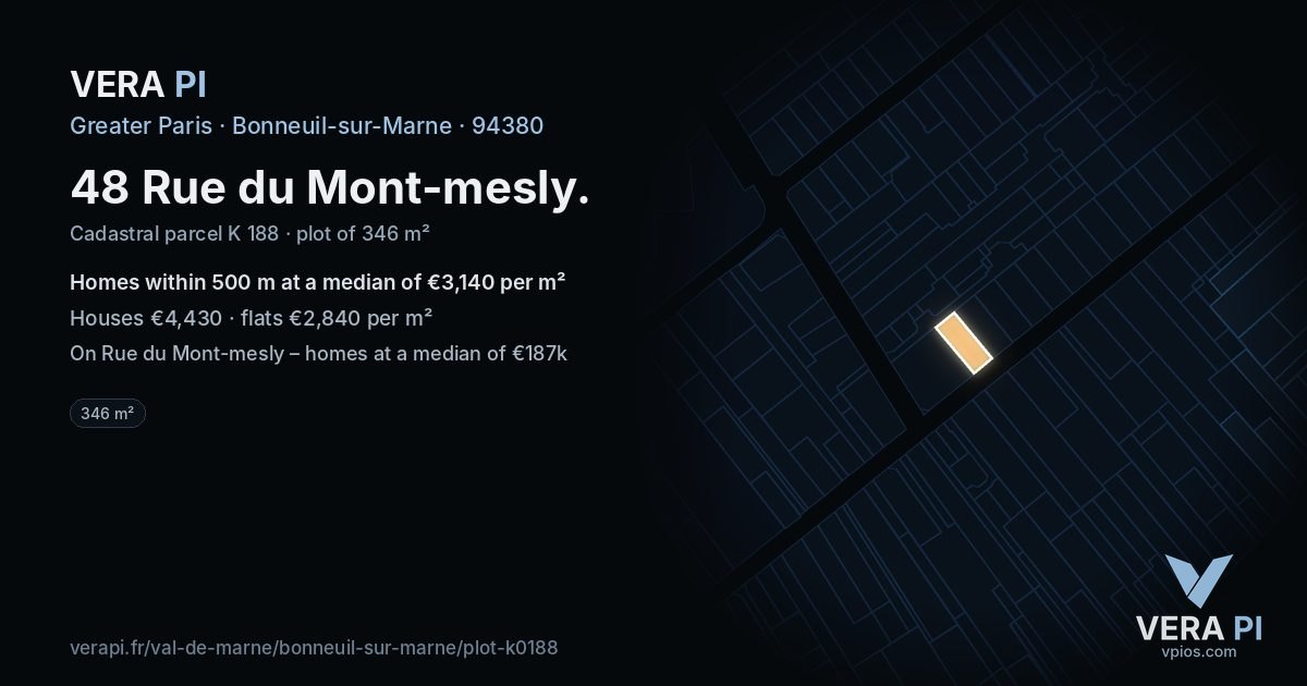 48 Rue du Mont-mesly, Bonneuil-sur-Marne at night – the plot lit, the parcels around coloured by the prices near them